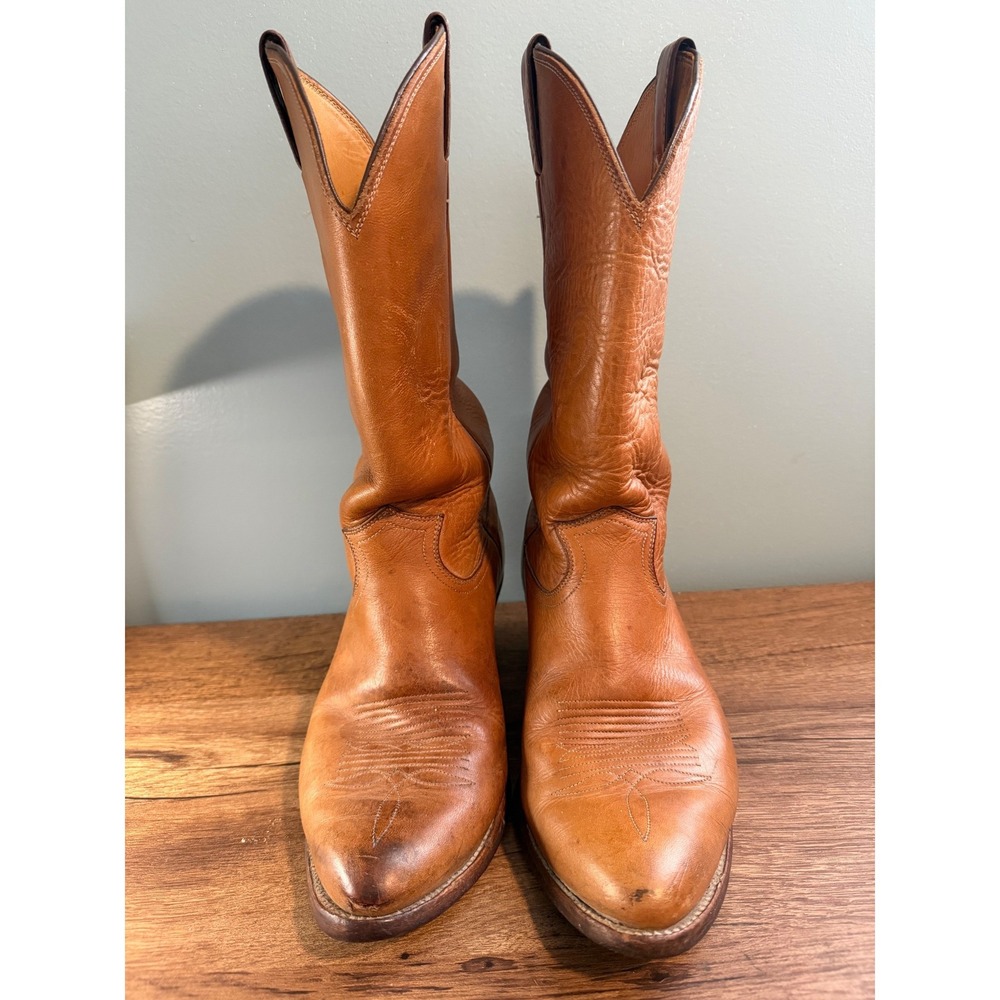 Justin Men's Size 9 EE #1106 Mulehide Tan Leather Cowboy Boots USA Made Vintage